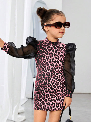 Young Girl 1pc/Set Basics Leopard Patchwork Puff Sleeves Dress,Great For Casual & Daily Wear & School Daily In Autumn & Winter, For Mommy And Me, Valentine's Day