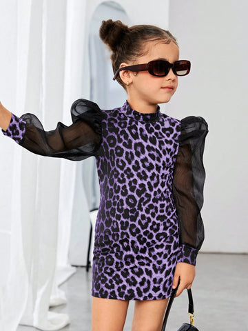 Young Girl 1pc/Set Basics Leopard Patchwork Puff Sleeves Dress,Great For Casual & Daily Wear & School Daily In Autumn & Winter