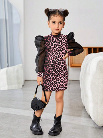 Young Girl 1pc/Set Basics Leopard Patchwork Puff Sleeves Dress,Great For Casual & Daily Wear & School Daily In Autumn & Winter, For Mommy And Me, Valentine's Day