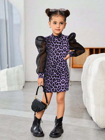 Young Girl 1pc/Set Basics Leopard Patchwork Puff Sleeves Dress,Great For Casual & Daily Wear & School Daily In Autumn & Winter