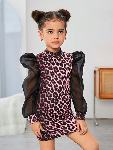 Young Girl 1pc/Set Basics Leopard Patchwork Puff Sleeves Dress,Great For Casual & Daily Wear & School Daily In Autumn & Winter, For Mommy And Me, Valentine's Day