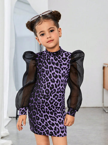 Young Girl 1pc/Set Basics Leopard Patchwork Puff Sleeves Dress,Great For Casual & Daily Wear & School Daily In Autumn & Winter