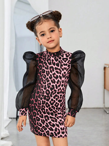 Young Girl 1pc/Set Basics Leopard Patchwork Puff Sleeves Dress,Great For Casual & Daily Wear & School Daily In Autumn & Winter, For Mommy And Me, Valentine's Day