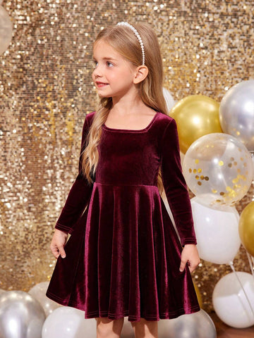 Young Girl 1pc Fashion & Cute Square Neck Flared Velvet Dress, A-Line Dress