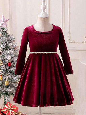 Young Girl 1pc Fashion & Cute Square Neck Flared Velvet Dress, A-Line Dress