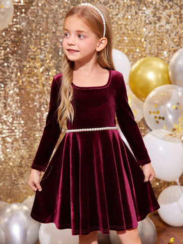 Young Girl 1pc Fashion & Cute Square Neck Flared Velvet Dress, A-Line Dress