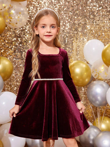 Young Girl 1pc Fashion & Cute Square Neck Flared Velvet Dress, A-Line Dress
