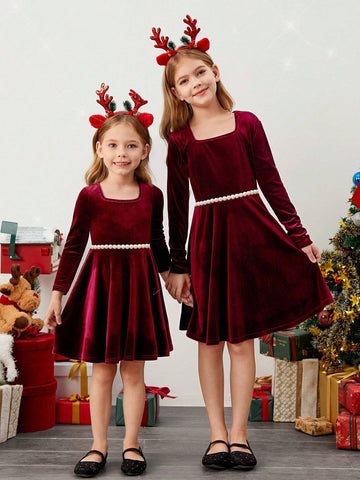 Young Girl 1pc Fashion & Cute Square Neck Flared Velvet Dress, A-Line Dress