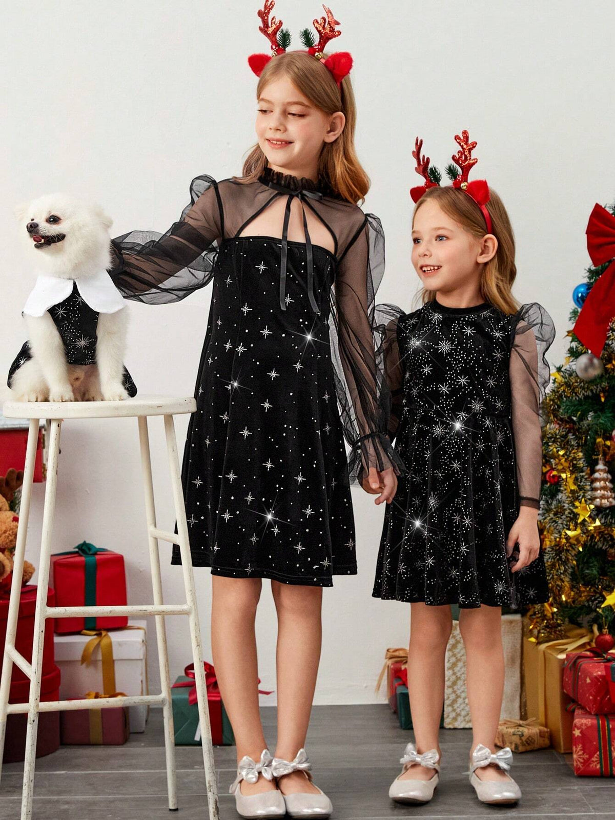 Young Girl 1pc Fashion & Cute & Vintage Star Print Contrast Mesh Gigot Sleeve Velvet A-Line Bling Knit Fabric Dress