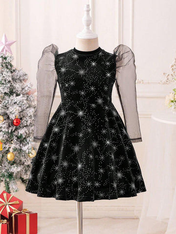Young Girl 1pc Fashion & Cute & Vintage Star Print Contrast Mesh Gigot Sleeve Velvet A-Line Bling Knit Fabric Dress