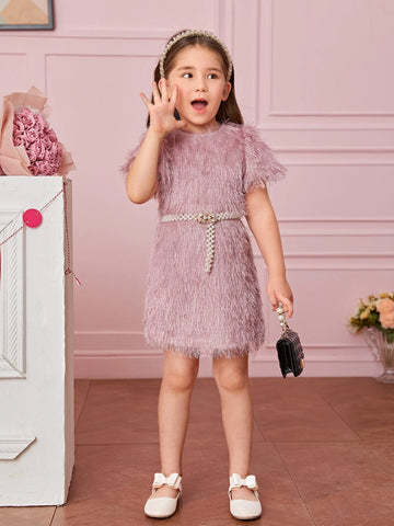 Young Girl 1pc Puff Sleeve Fuzzy Dress Without Belt