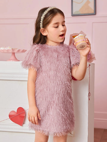 Young Girl 1pc Puff Sleeve Fuzzy Dress Without Belt
