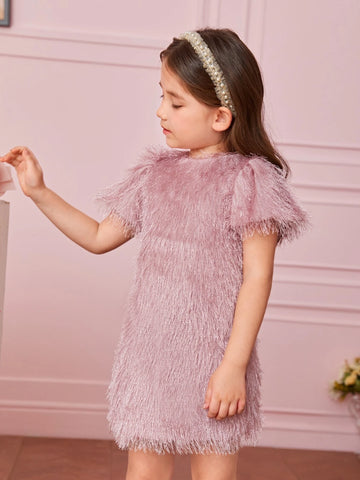 Young Girl 1pc Puff Sleeve Fuzzy Dress Without Belt