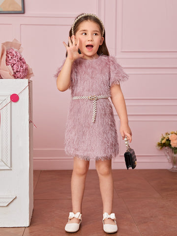 Young Girl 1pc Puff Sleeve Fuzzy Dress Without Belt