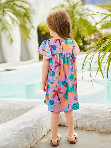 Young Girl 1pc Tropical Print Butterfly Sleeve Dress