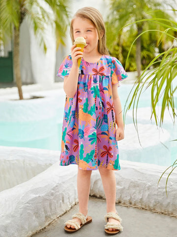 Young Girl 1pc Tropical Print Butterfly Sleeve Dress