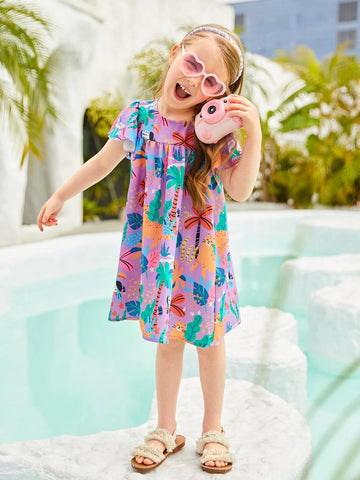 Young Girl 1pc Tropical Print Butterfly Sleeve Dress