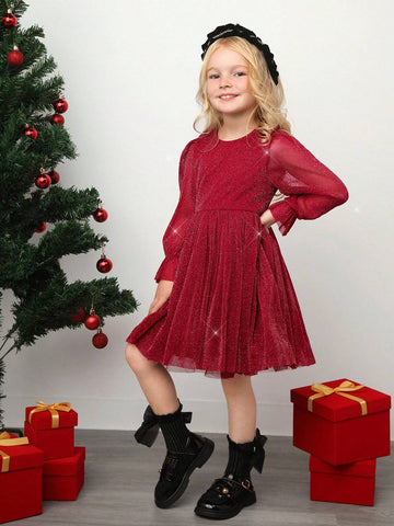 Young Girl 1pc Vintage & Cute & Fashion & Elagant Bling Bling Glitter Puff Sleeve Ruffle Hem Mesh Hem Dress