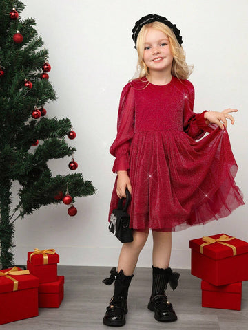 Young Girl 1pc Vintage & Cute & Fashion & Elagant Bling Bling Glitter Puff Sleeve Ruffle Hem Mesh Hem Dress