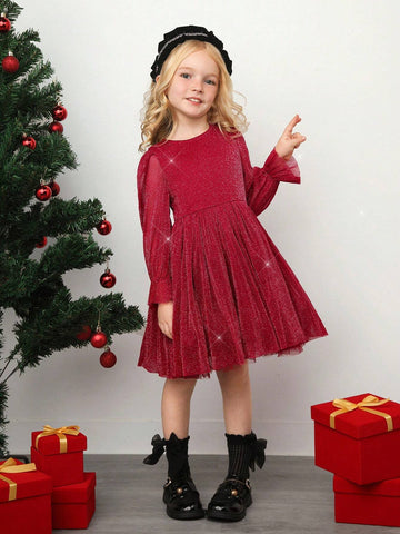 Young Girl 1pc Vintage & Cute & Fashion & Elagant Bling Bling Glitter Puff Sleeve Ruffle Hem Mesh Hem Dress