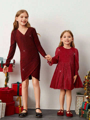 Young Girl 1pc Vintage & Cute & Fashion & Elagant Bling Bling Glitter Puff Sleeve Ruffle Hem Mesh Hem Dress