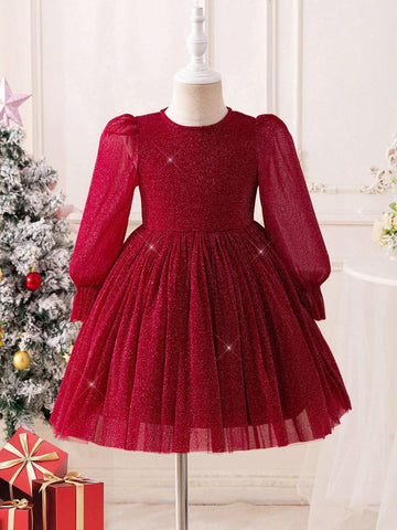 Young Girl 1pc Vintage & Cute & Fashion & Elagant Bling Bling Glitter Puff Sleeve Ruffle Hem Mesh Hem Dress