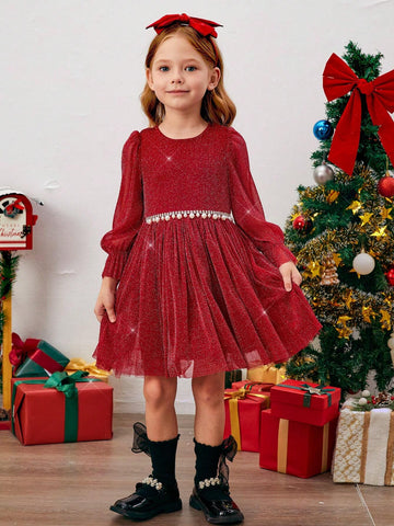Young Girl 1pc Vintage & Cute & Fashion & Elagant Bling Bling Glitter Puff Sleeve Ruffle Hem Mesh Hem Dress