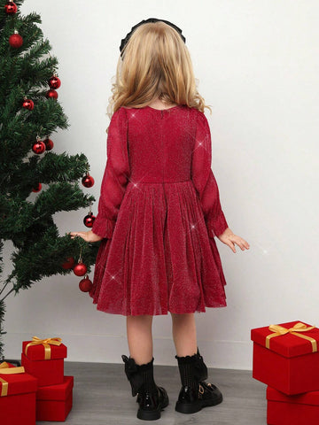 Young Girl 1pc Vintage & Cute & Fashion & Elagant Bling Bling Glitter Puff Sleeve Ruffle Hem Mesh Hem Dress