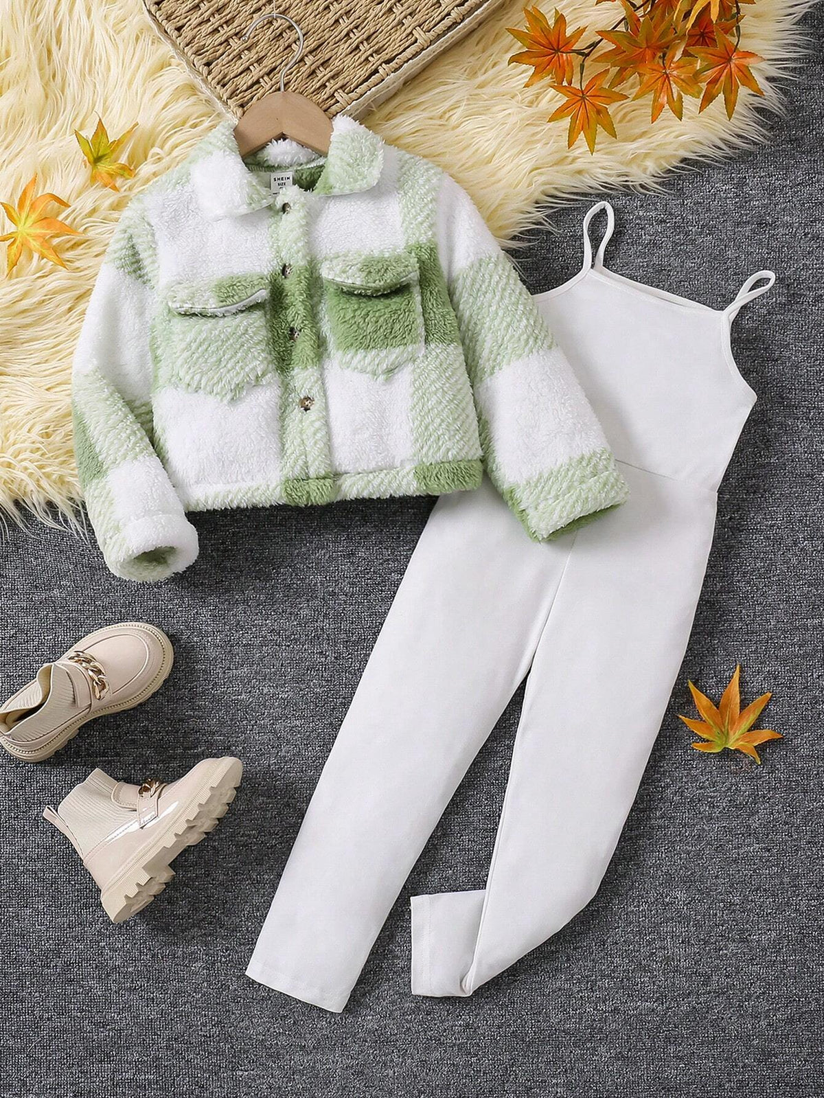 Young Girl 2-Piece Set: Plaid Fleece Zip-Up Jacket With Pockets And Bib Pants, Fall/Winter