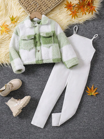 Young Girl 2-Piece Set: Plaid Fleece Zip-Up Jacket With Pockets And Bib Pants, Fall/Winter