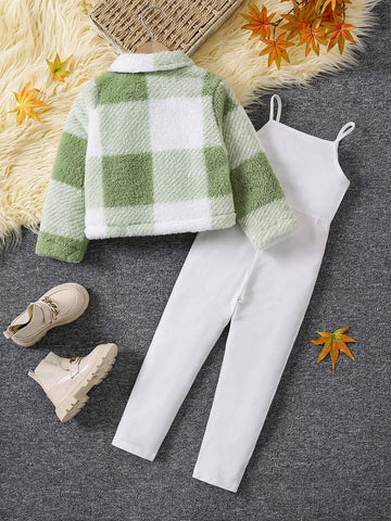 Young Girl 2-Piece Set: Plaid Fleece Zip-Up Jacket With Pockets And Bib Pants, Fall/Winter