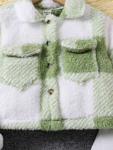 Young Girl 2-Piece Set: Plaid Fleece Zip-Up Jacket With Pockets And Bib Pants, Fall/Winter
