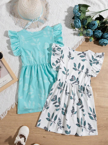 Young Girl 2pcs Leaf Print Ruffle Trim Dress