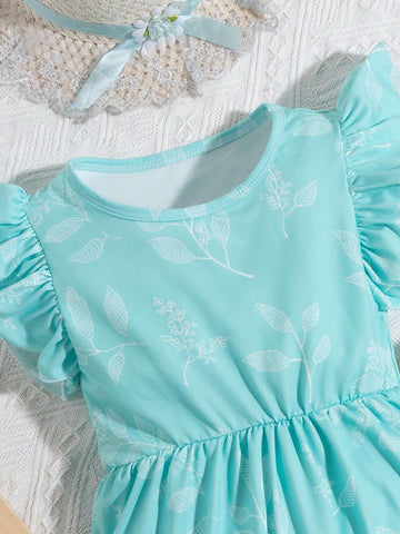 Young Girl 2pcs Leaf Print Ruffle Trim Dress