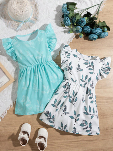Young Girl 2pcs Leaf Print Ruffle Trim Dress