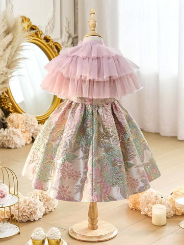 Young Girl 2pcs Set: Cute Woven Mesh Shawl & Woven Jacquard Sleveless Elegant Dress