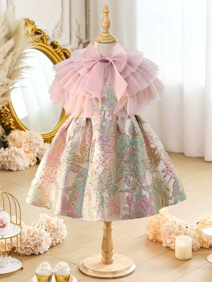 Young Girl 2pcs Set: Cute Woven Mesh Shawl & Woven Jacquard Sleveless Elegant Dress