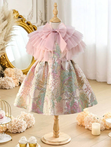 Young Girl 2pcs Set: Cute Woven Mesh Shawl & Woven Jacquard Sleveless Elegant Dress