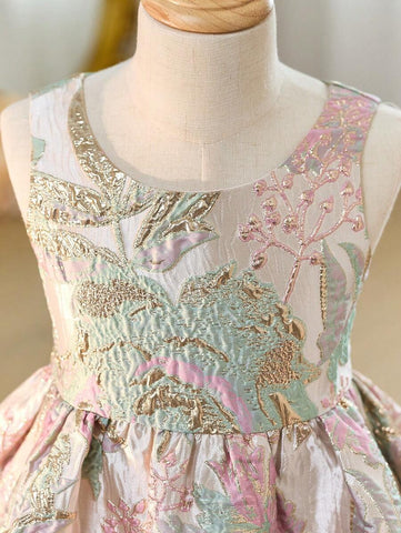 Young Girl 2pcs Set: Cute Woven Mesh Shawl & Woven Jacquard Sleveless Elegant Dress