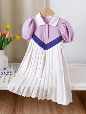 Young Girl 3-Color Splice Pleated Hem Polo Collar Puff Sleeve Knee-Length Dress, Suitable For Summer, Fall, School, Party, Award Ceremony