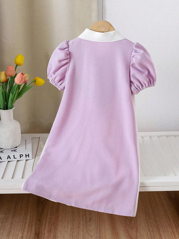 Young Girl 3-Color Splice Pleated Hem Polo Collar Puff Sleeve Knee-Length Dress, Suitable For Summer, Fall, School, Party, Award Ceremony