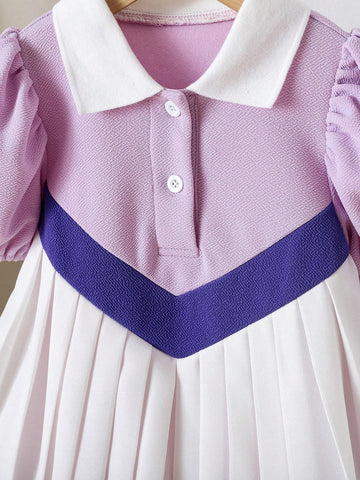 Young Girl 3-Color Splice Pleated Hem Polo Collar Puff Sleeve Knee-Length Dress, Suitable For Summer, Fall, School, Party, Award Ceremony