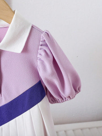 Young Girl 3-Color Splice Pleated Hem Polo Collar Puff Sleeve Knee-Length Dress, Suitable For Summer, Fall, School, Party, Award Ceremony