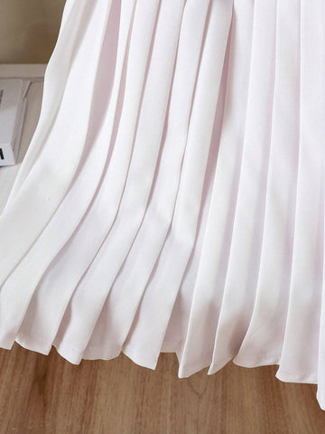 Young Girl 3-Color Splice Pleated Hem Polo Collar Puff Sleeve Knee-Length Dress, Suitable For Summer, Fall, School, Party, Award Ceremony