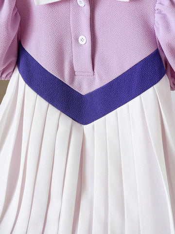 Young Girl 3-Color Splice Pleated Hem Polo Collar Puff Sleeve Knee-Length Dress, Suitable For Summer, Fall, School, Party, Award Ceremony