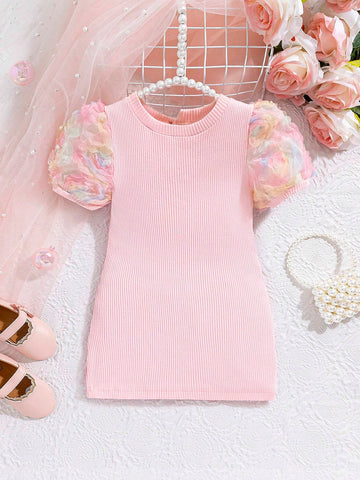 Young Girl 3D Flower Puff Sleeve Dress
