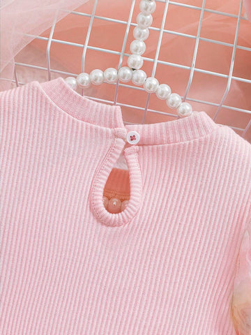 Young Girl 3D Flower Puff Sleeve Dress