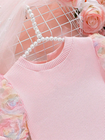 Young Girl 3D Flower Puff Sleeve Dress