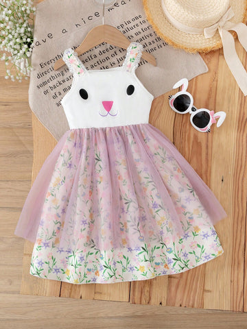 Young Girl' Adorable Rabbit Graphic Floral Contrast Mesh Ruffle Strap Summer Dress