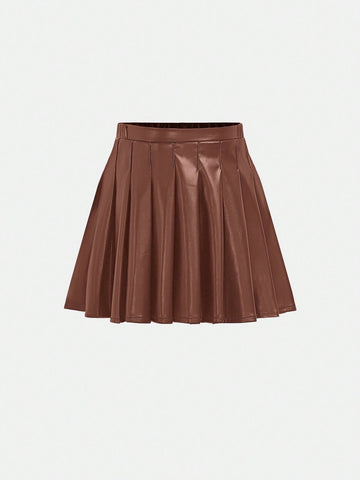 Young Girl All-Match The Cheapest Woven Plain Solid Color PU Leather Bodycon Pleated Mini Skirt